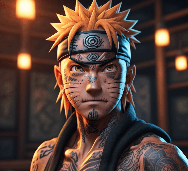 AI generated: Realistic older Naruto with tattoos, (detailed stunning environment), cinematic, cover art, (low fro...