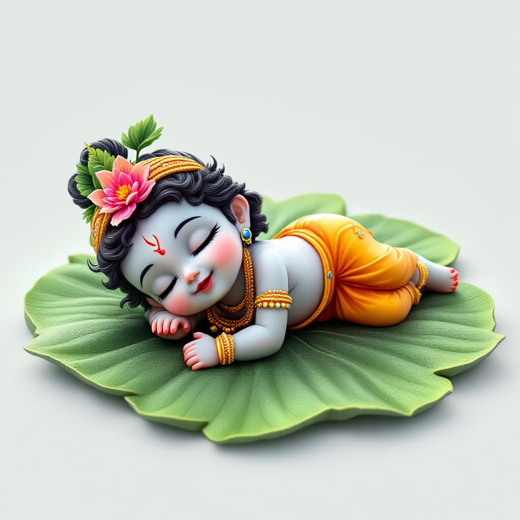 AI generated: 3D image of little Sri Krishna laying on a lotus pad.