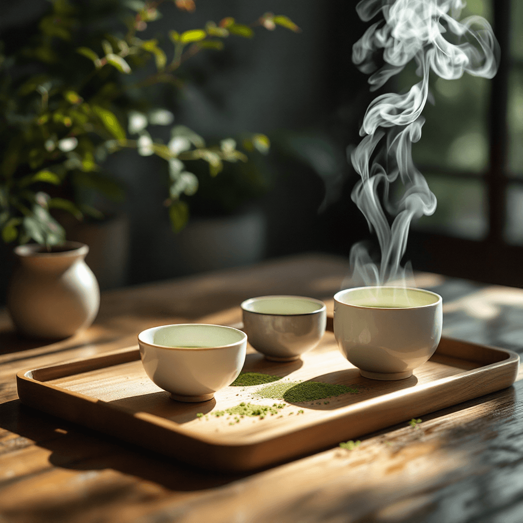 AI generated: A modern Japanese tea set on a wooden tray with matcha powder and steam rising, zen minimalism.cinem...