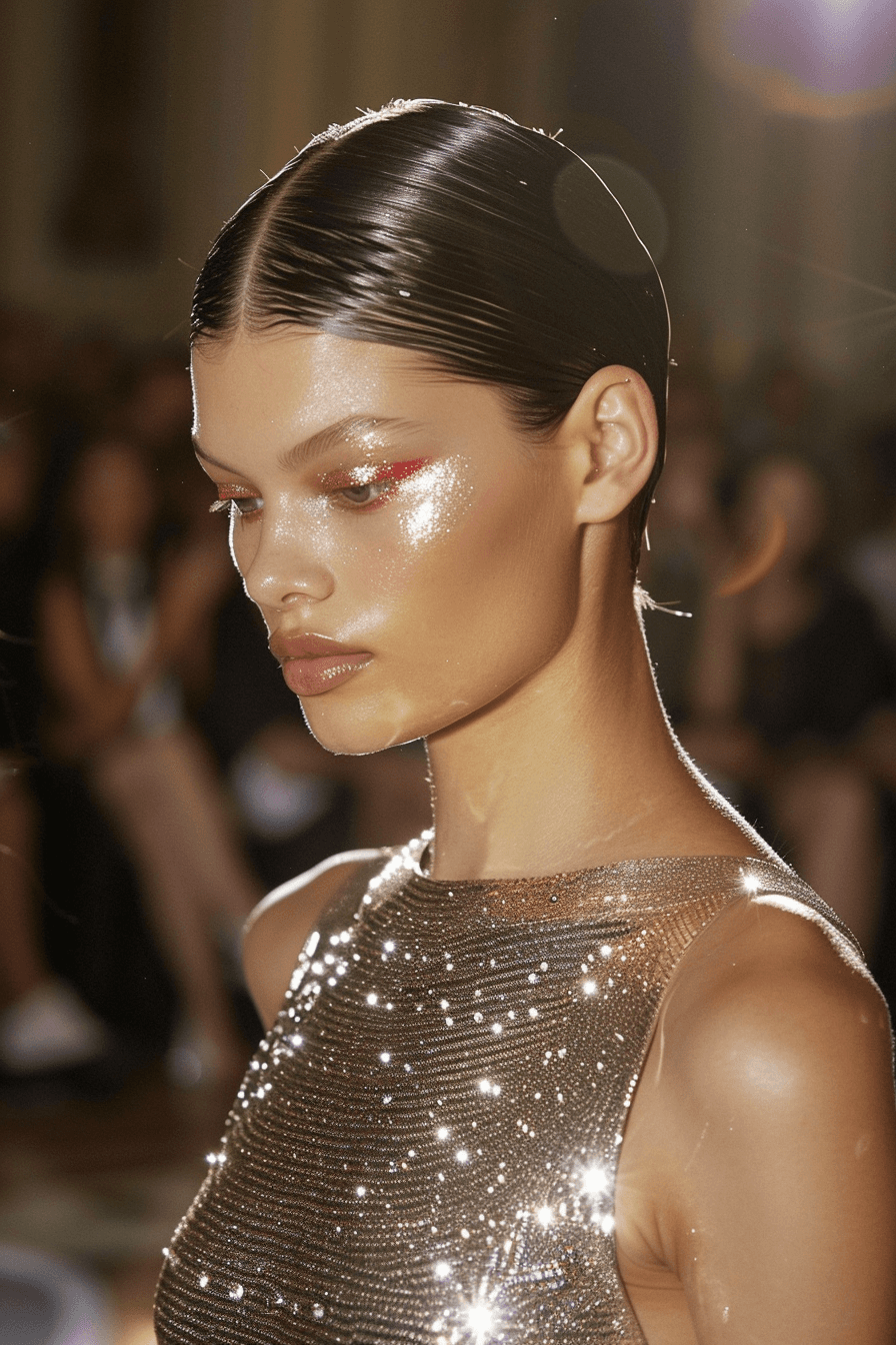 AI generated: close up model in minimalistic shiny glitter silver dress with small crystals on the floor at runway...