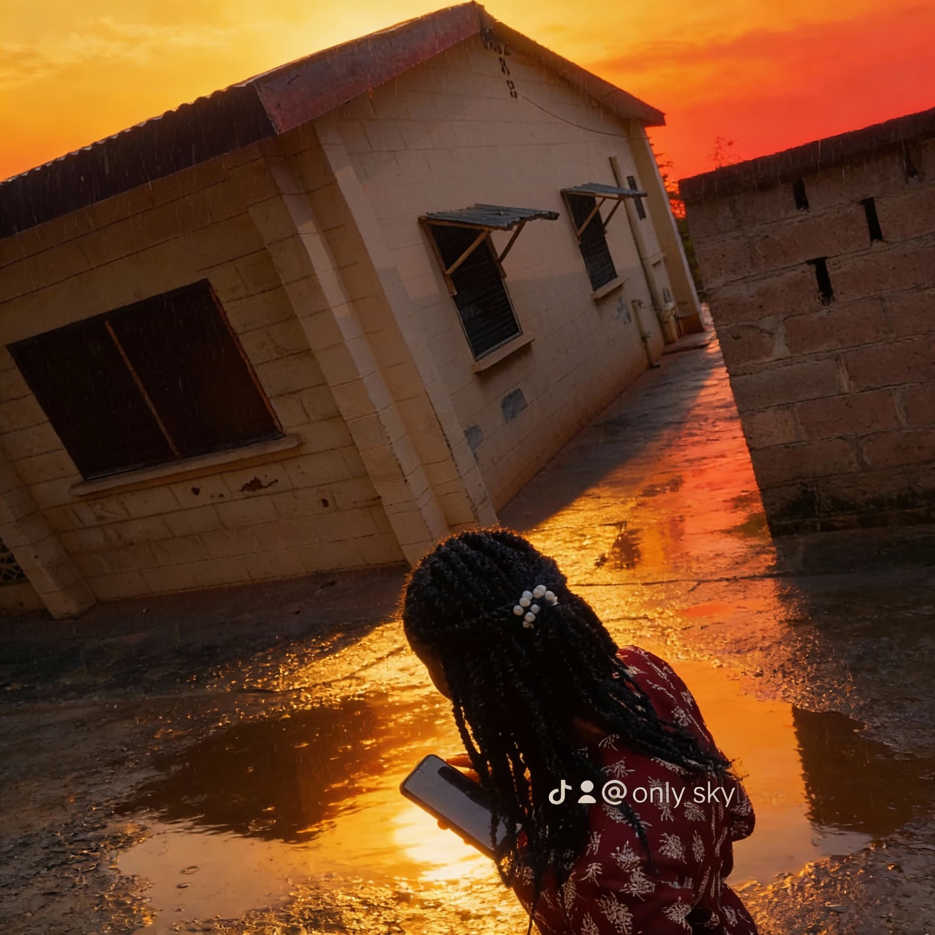 AI generated: Transform the scene in the picture into a cinematic frame, with the rainwater-puddled road surface r...