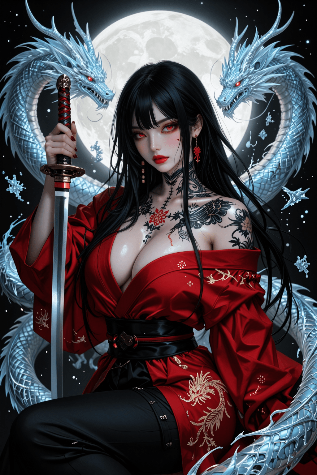 AI generated: A semi-realistic anime digital illustration, bordering on photorealism, of a dangerous seductive fem...