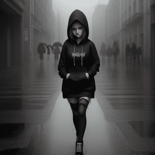 AI generated: High resolution photography, gothic, girl alone, solo, , hoodie, y2k, street, outdoor, rain, fashion...