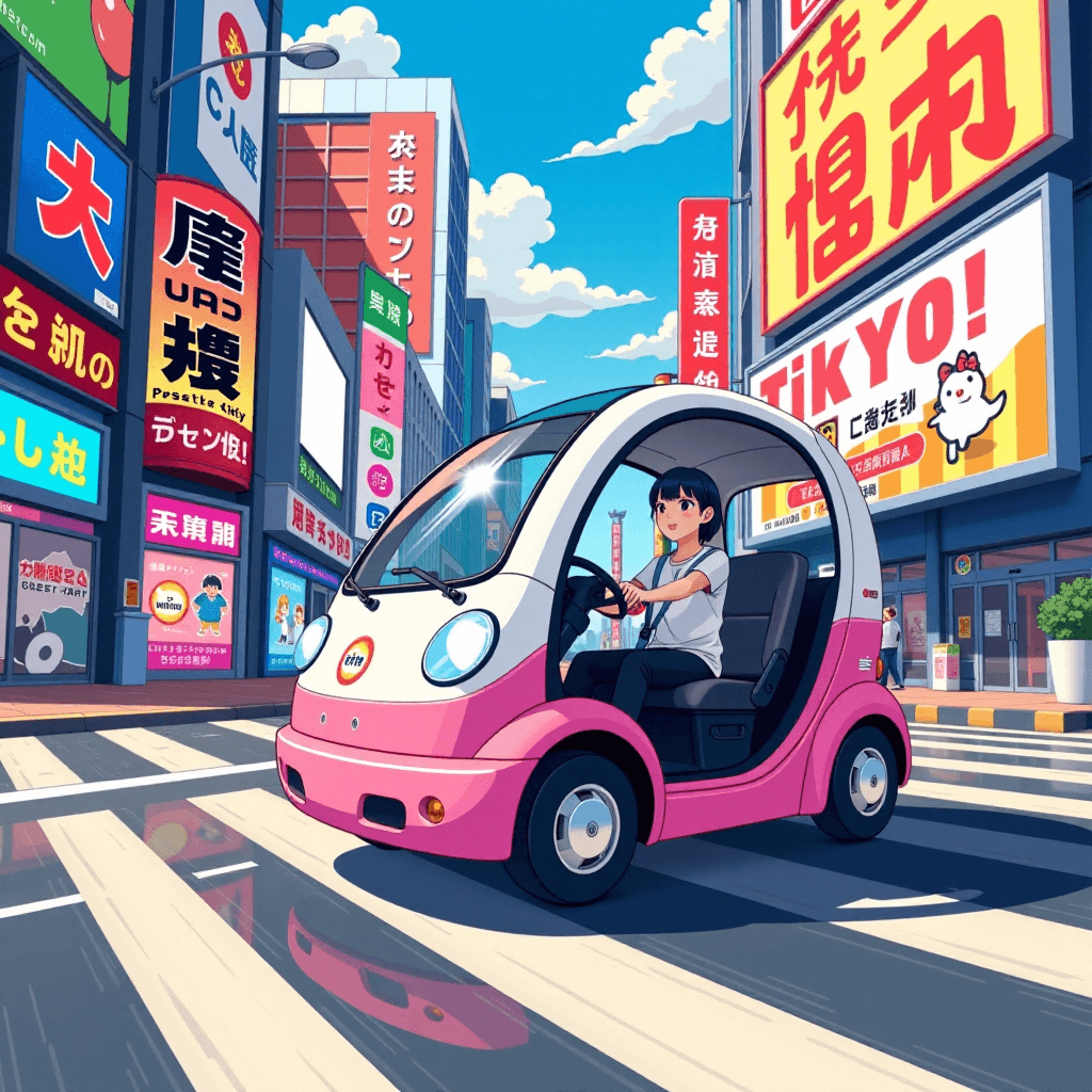 AI generated: Anime Influence: "Vibrant anime-style scene of a cute, bubble-like, pink and white personal mobility...