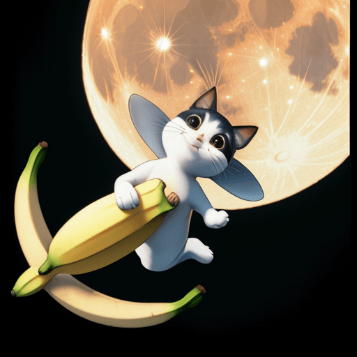 AI generated: A minino flying over the Moon, with a Banana on his Hand.
