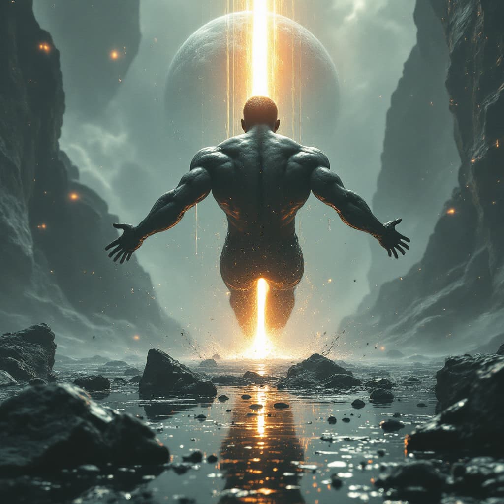 AI generated: Darkwave, synthwave,  epic music album cover. It portrays a close up of a floating very muscular per...