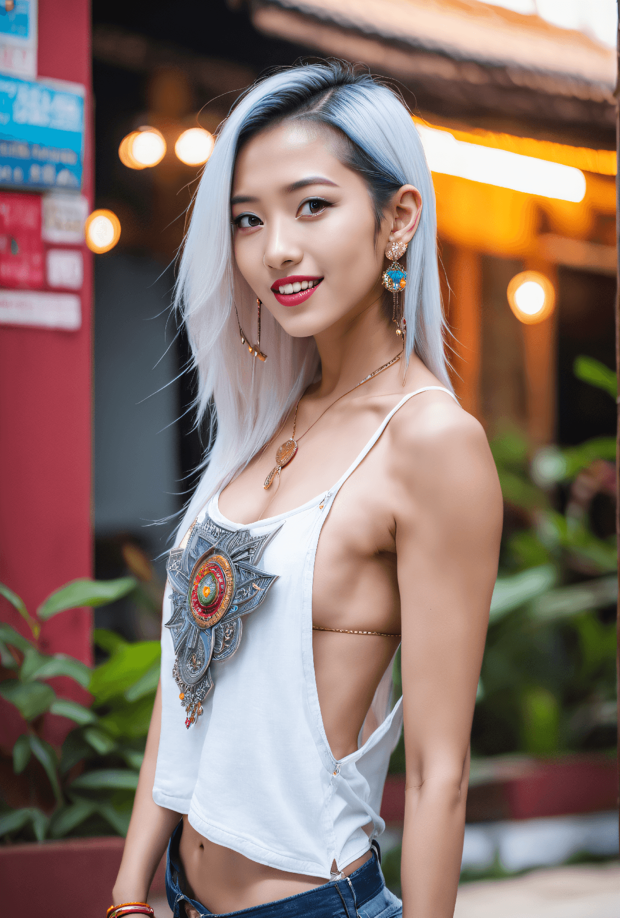 AI generated: thai girl in jeans shorts, midriff, glowing eyes , earring piercings, Punk, white hair, colorful, ve...