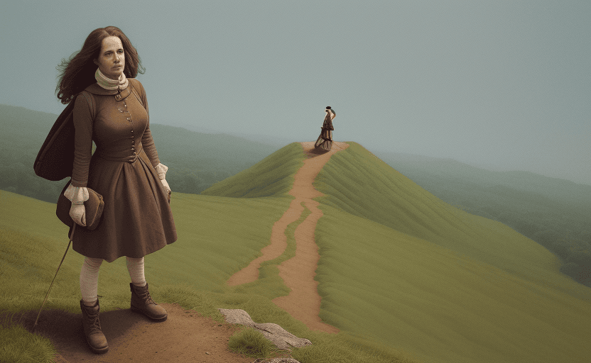 AI generated: worm's - eye view of a woman standing on the hill