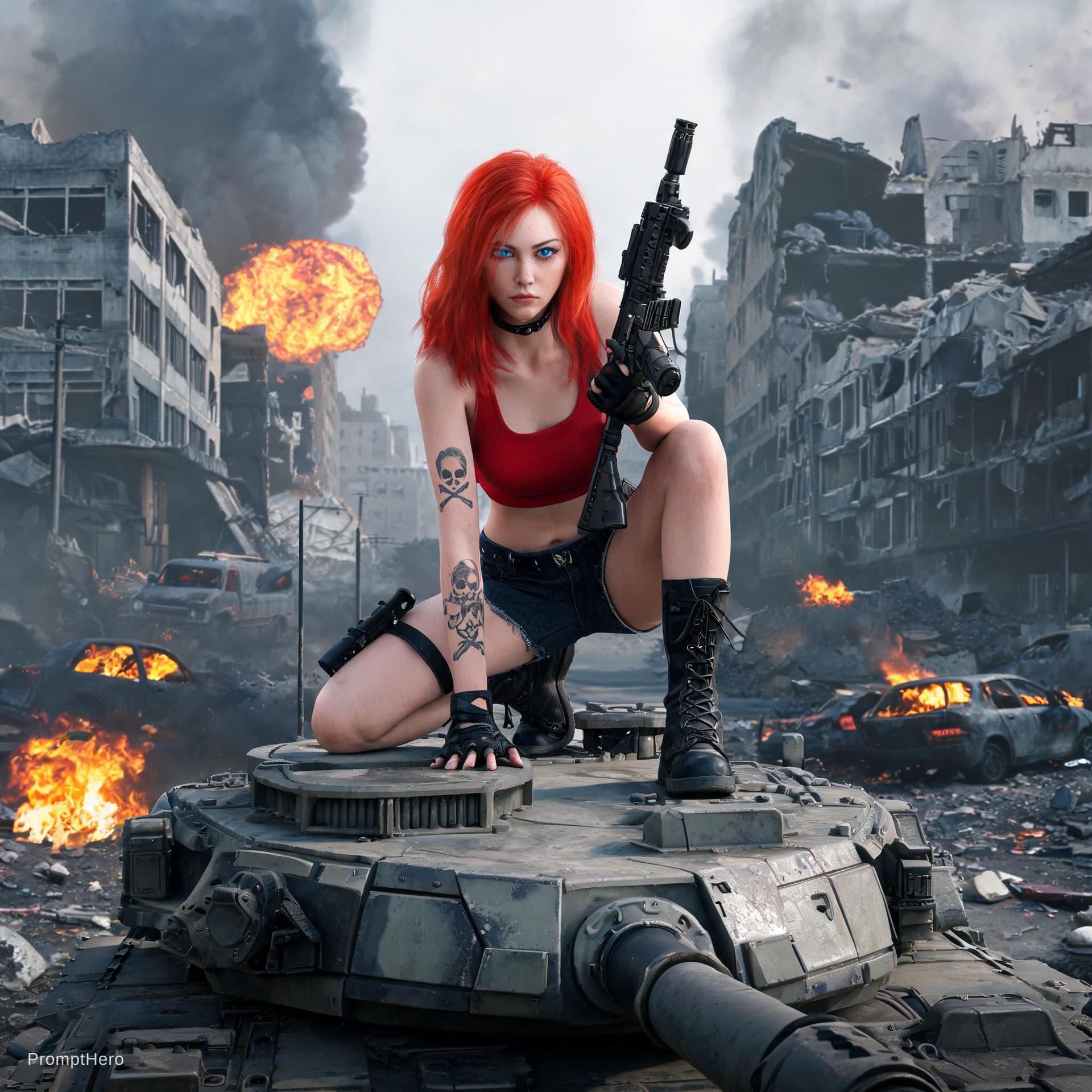 AI generated: Full-body shot, athletic redhead woman with blue eyes kneeling on an armored vehicle. She wears a re...