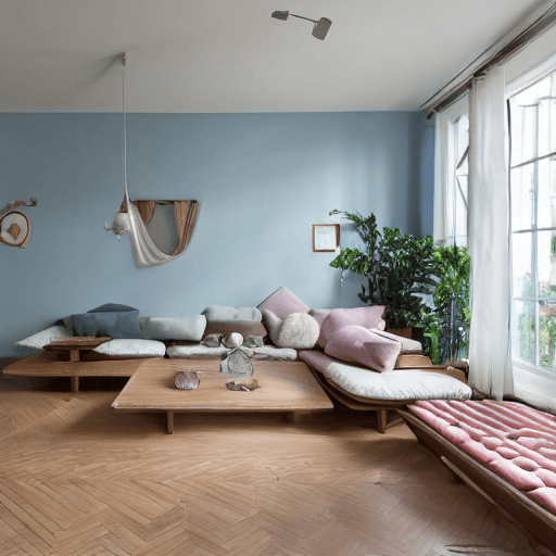 AI generated: high resolution photography interior design, dreamy sunken living room conversation pit, wooden floo...