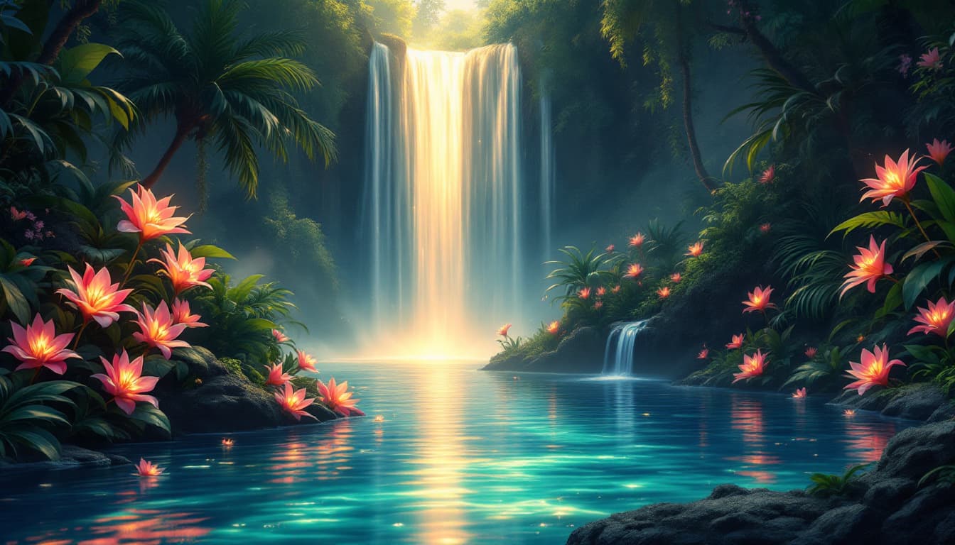 AI generated:  depicting an intimate,anime  mixed manga style, dreamlike portrait of the paradise lagoon's edge, w...