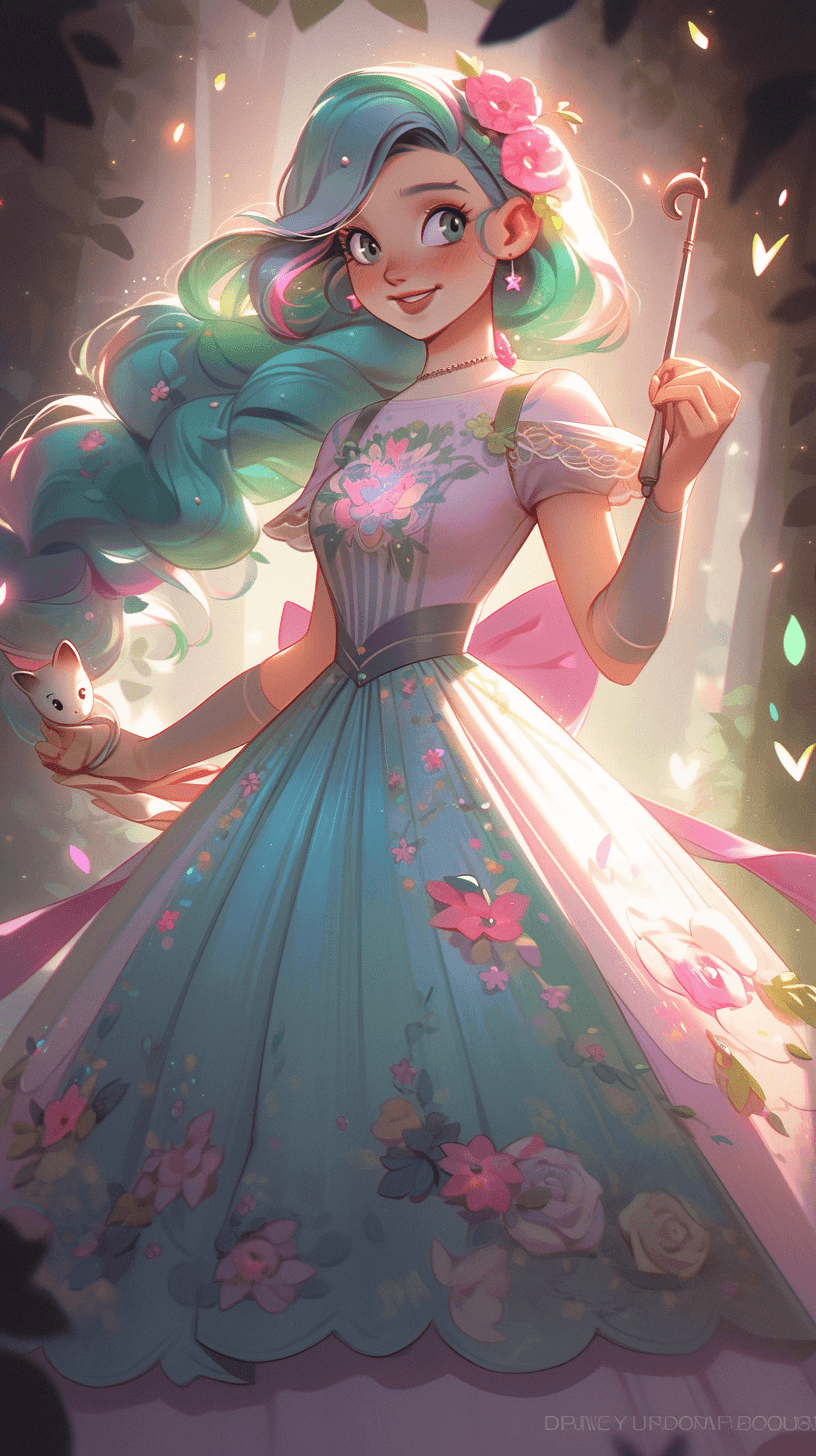 AI generated: Waist up, whimsical fairy costume, ethereal pastel clothing, soft pink flowing dress, waist-length p...