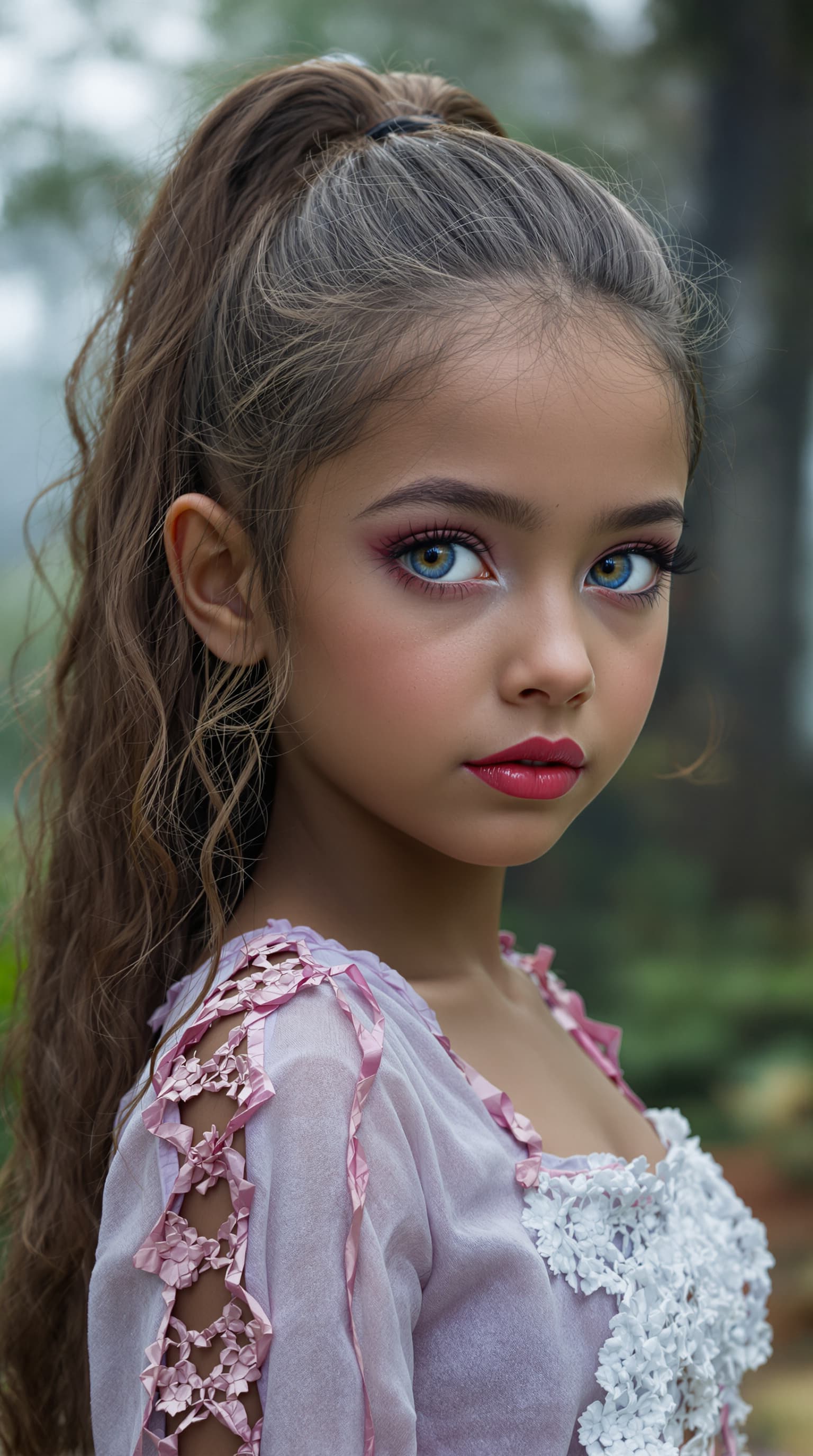 AI generated: A professional photograph of an extraordinarily beautiful eleven-year-old girl with an evil aura, ca...