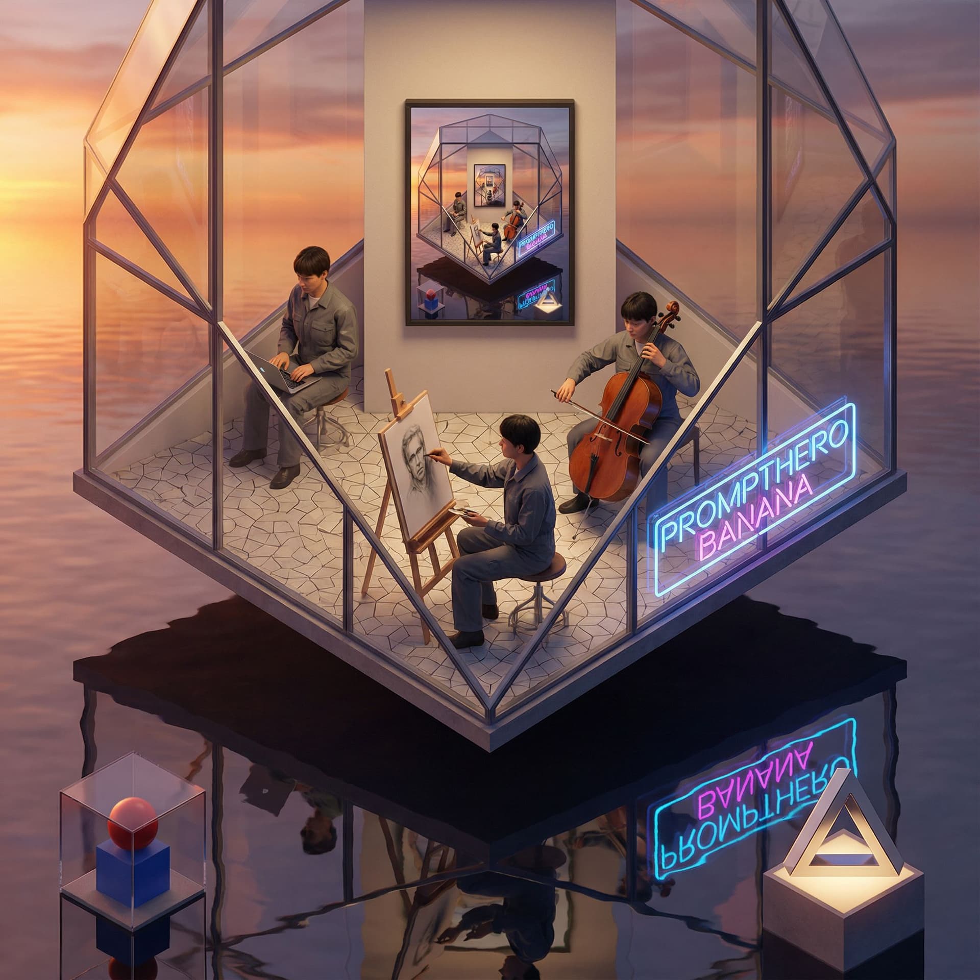 AI generated: Create a perfectly photorealistic, isometric cutaway of a transparent glass museum floating upside-d...