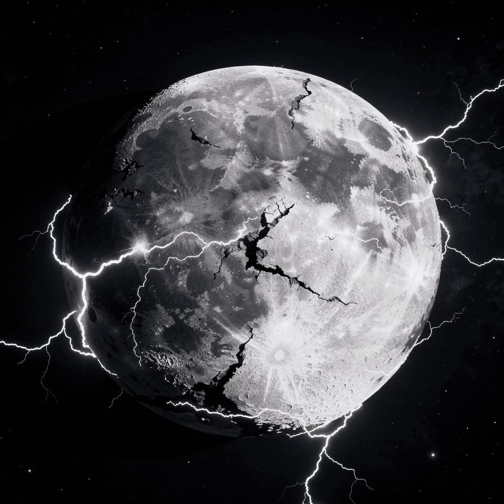 AI generated: a grey, White and black moon that has white lightning storms covering its surface with that likes li...