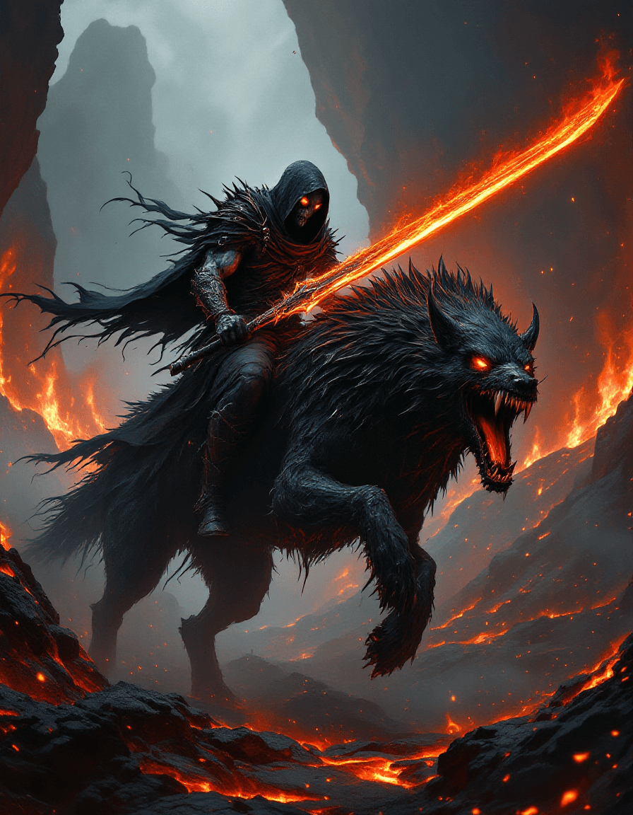 AI generated: A hyper-detailed, cinematic dark fantasy illustration of a fearsome undead warrior cloaked in a tatt...