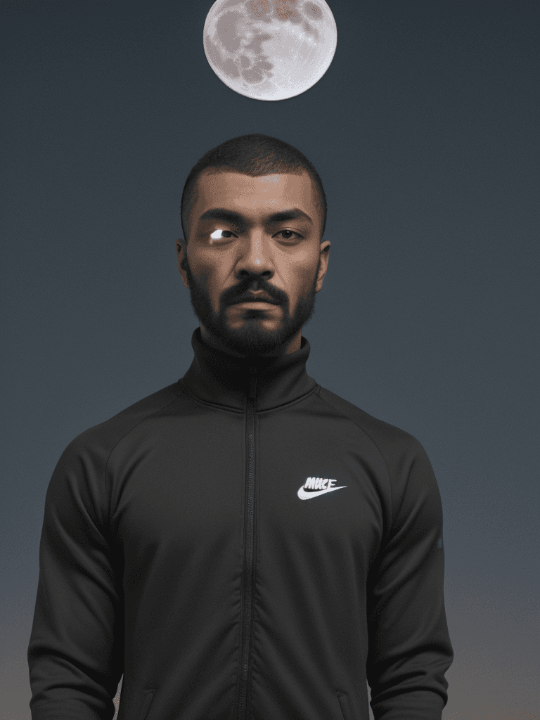 AI generated: man with 🗿head using nike tracksuit, night time, big full moon in the background, ultra realistic, ...