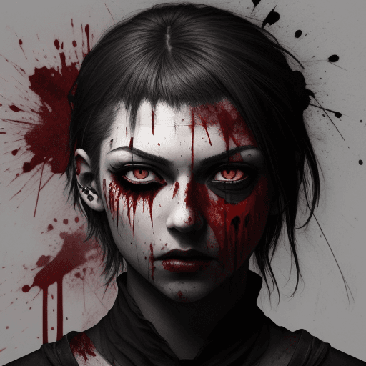 AI generated: blood, bloody, head with knives nailed, colored black eyes, hunter, 12k