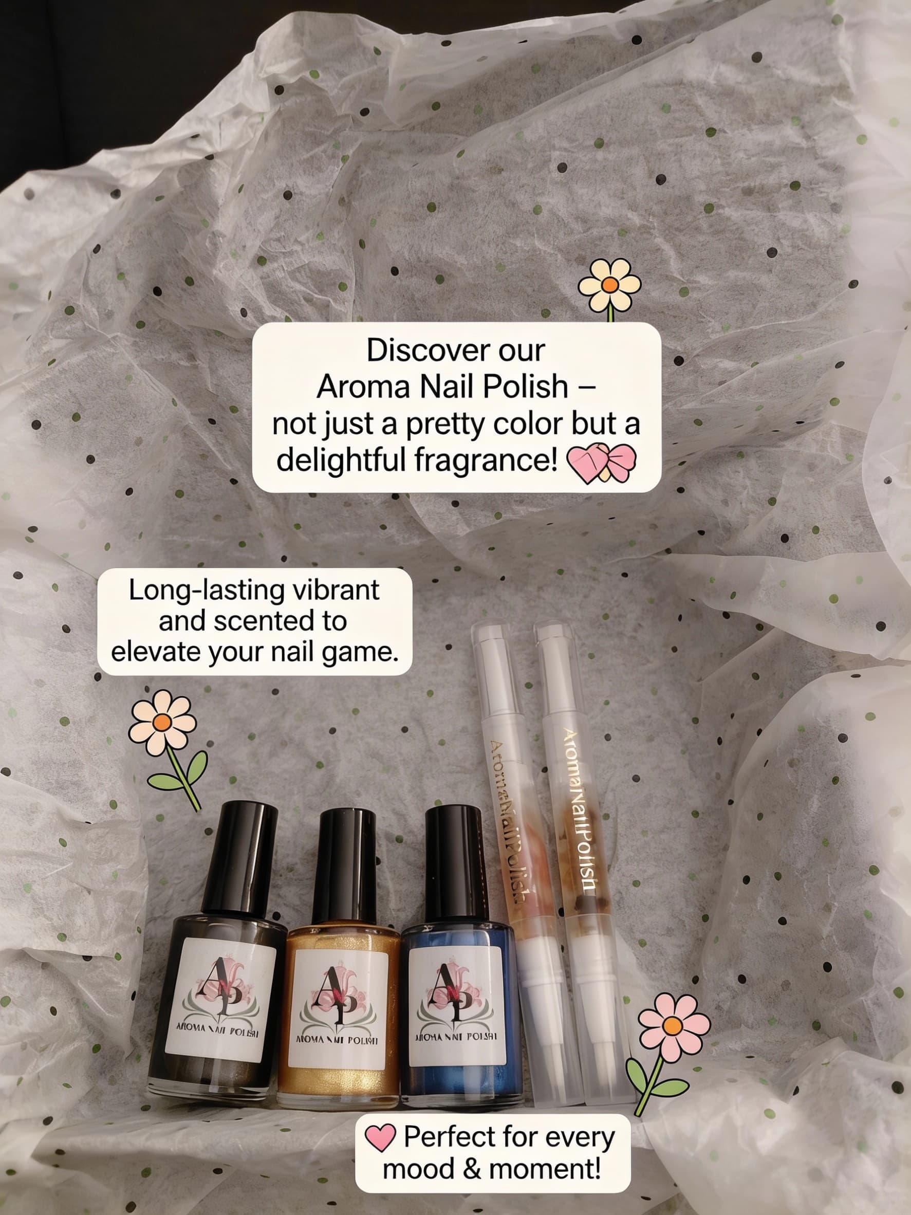 AI generated: Discover our Aroma Nail Polish – not just a pretty color but a delightful fragrance! 💅🌸
Long-lasti...