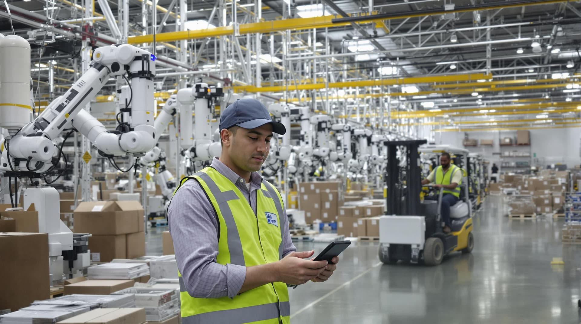 AI generated: /imagine prompt: State-of-the-art warehouse with robotic pickers, 30-year-old Latino supervisor scan...