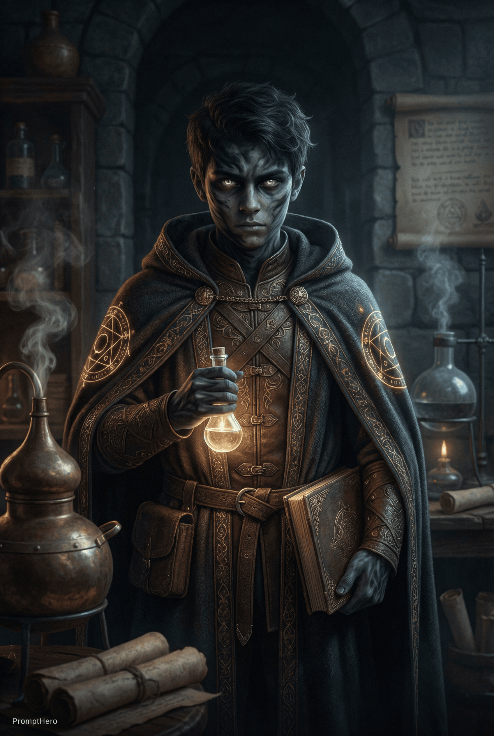 AI generated: Robert is 15yo shade and a mage of Alchemy Circles, alchemist, hiperphotorealistic textures, dark fa...