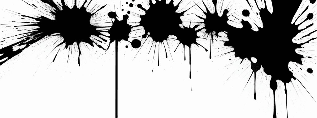AI generated: white poster background, ink splatter, shiny black, black ink blot with oozing drips, 