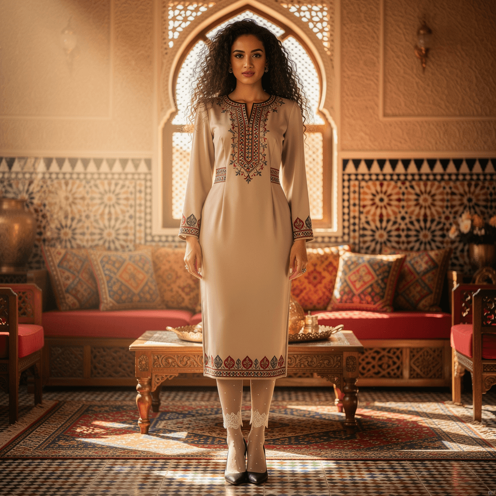 AI generated: Front view, hyperrealistic, full shot. A Arab woman with a slim waist (aged 25) with long curly hair...