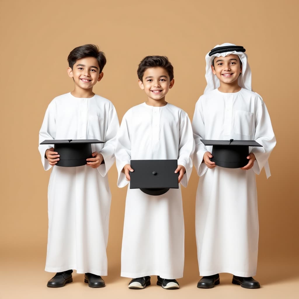 AI generated: "A full-body image of three 12-year-old Saudi elementary school students standing in a single row. T...