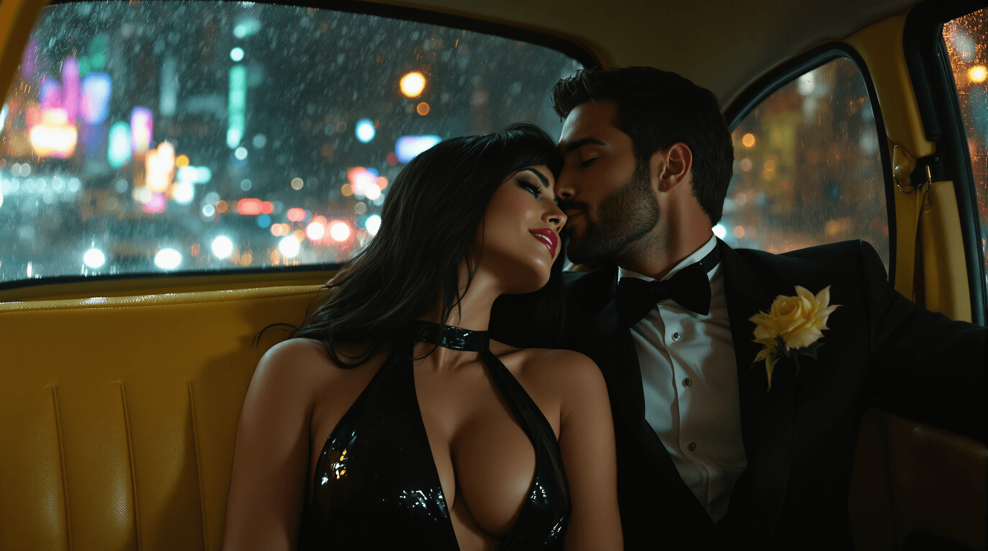 AI generated: Interior of a yellow cab at night. A Caucasian couple (Lilith and Jon) in the back seat. Lilith (plu...