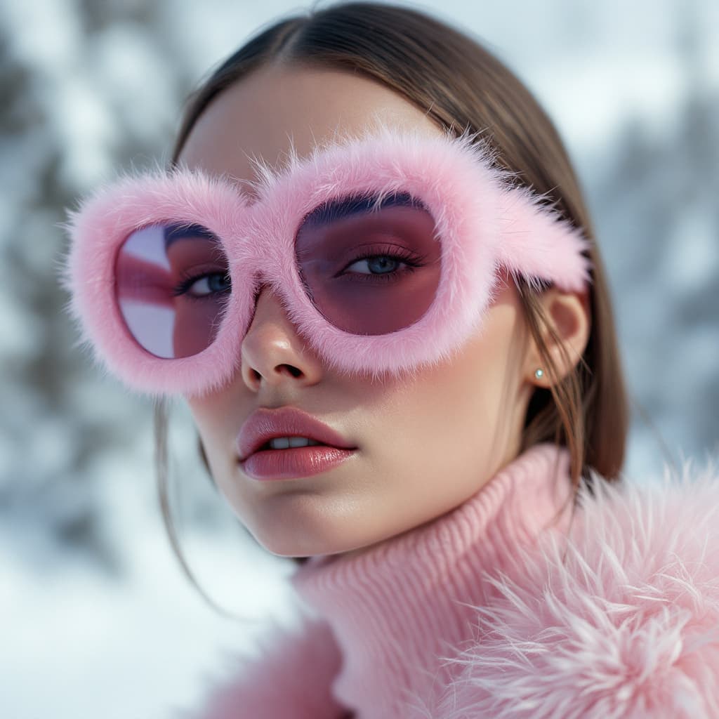AI generated: Fashion shoot, Jacquemus and moncler collaboration: light pink translucent fur sunglasses, hyper-rea...