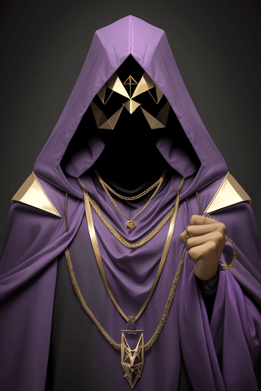 AI generated: Man in purple cloak hood, triangle mask, gold chains and jewellery. Invisible face