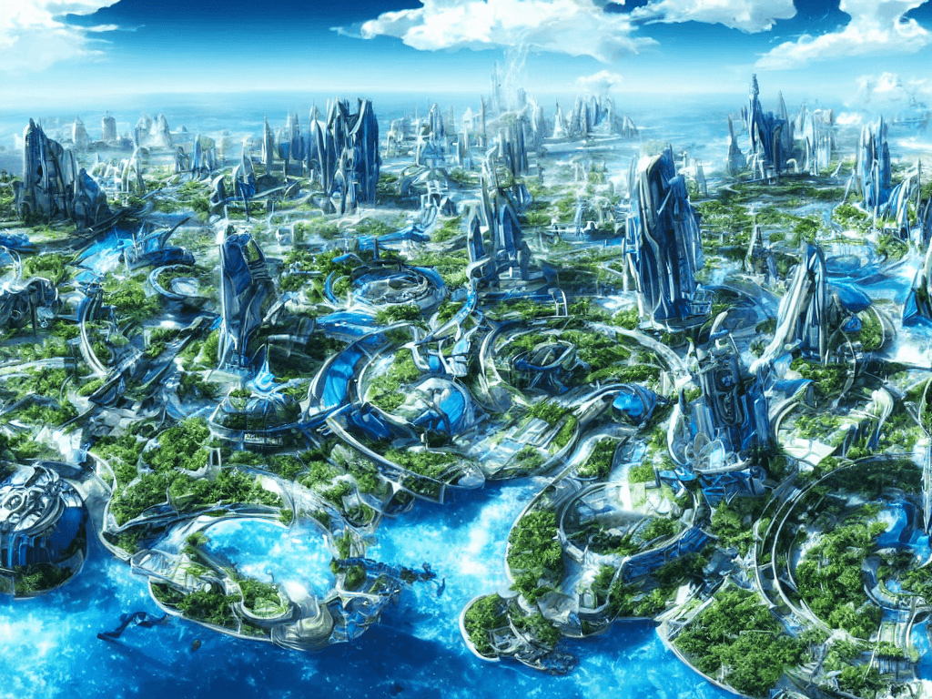 AI generated: futuristic hyper-realistic sci-fi city of atlantis with wispy clouds in a blue sky and lots of natur...