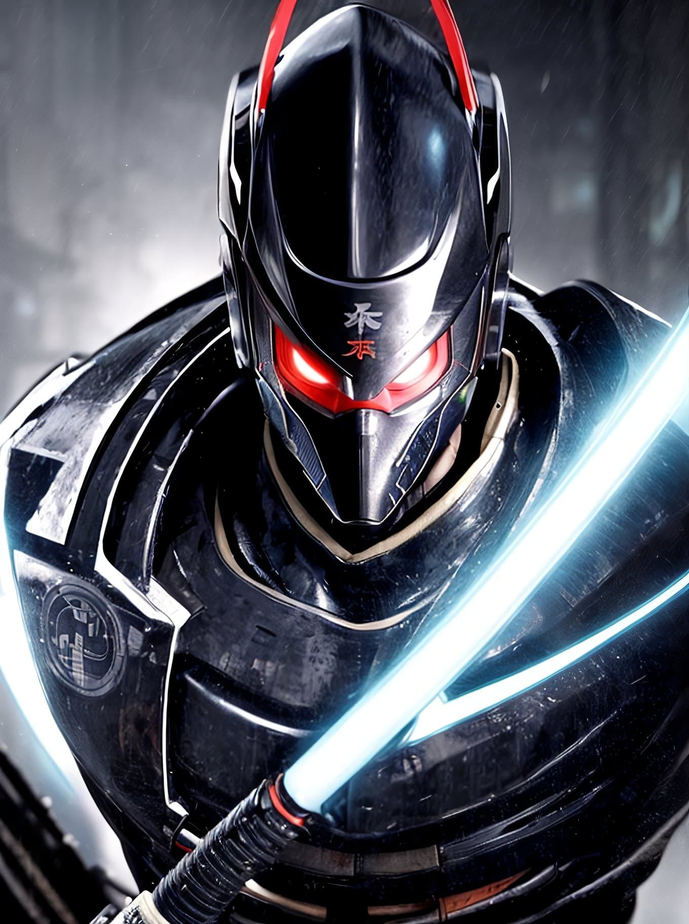 AI generated: a portrait of robot ninja samurai, cyberpunk