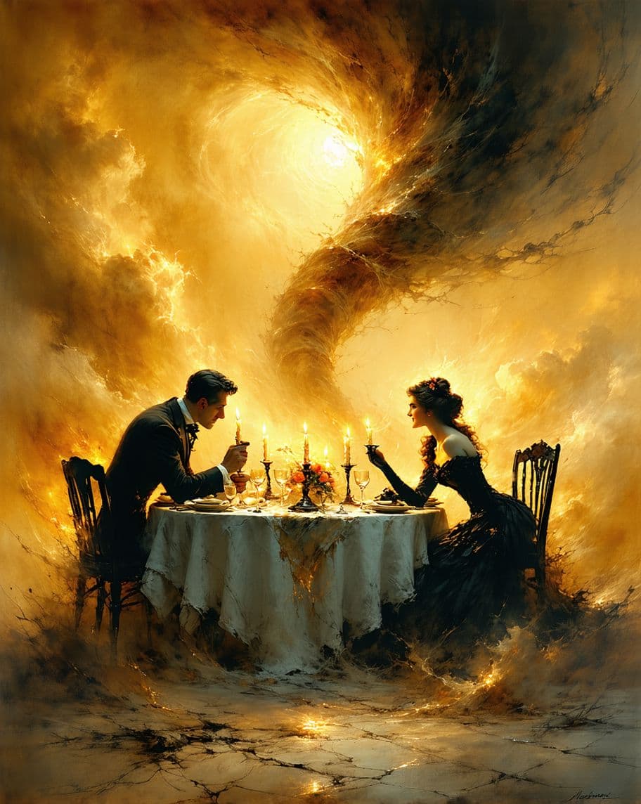 AI generated: 
Prompt: Man and woman couple dining by candlelight. Tons,vermelho, amarelo ocre,Whimsical scene Imp...