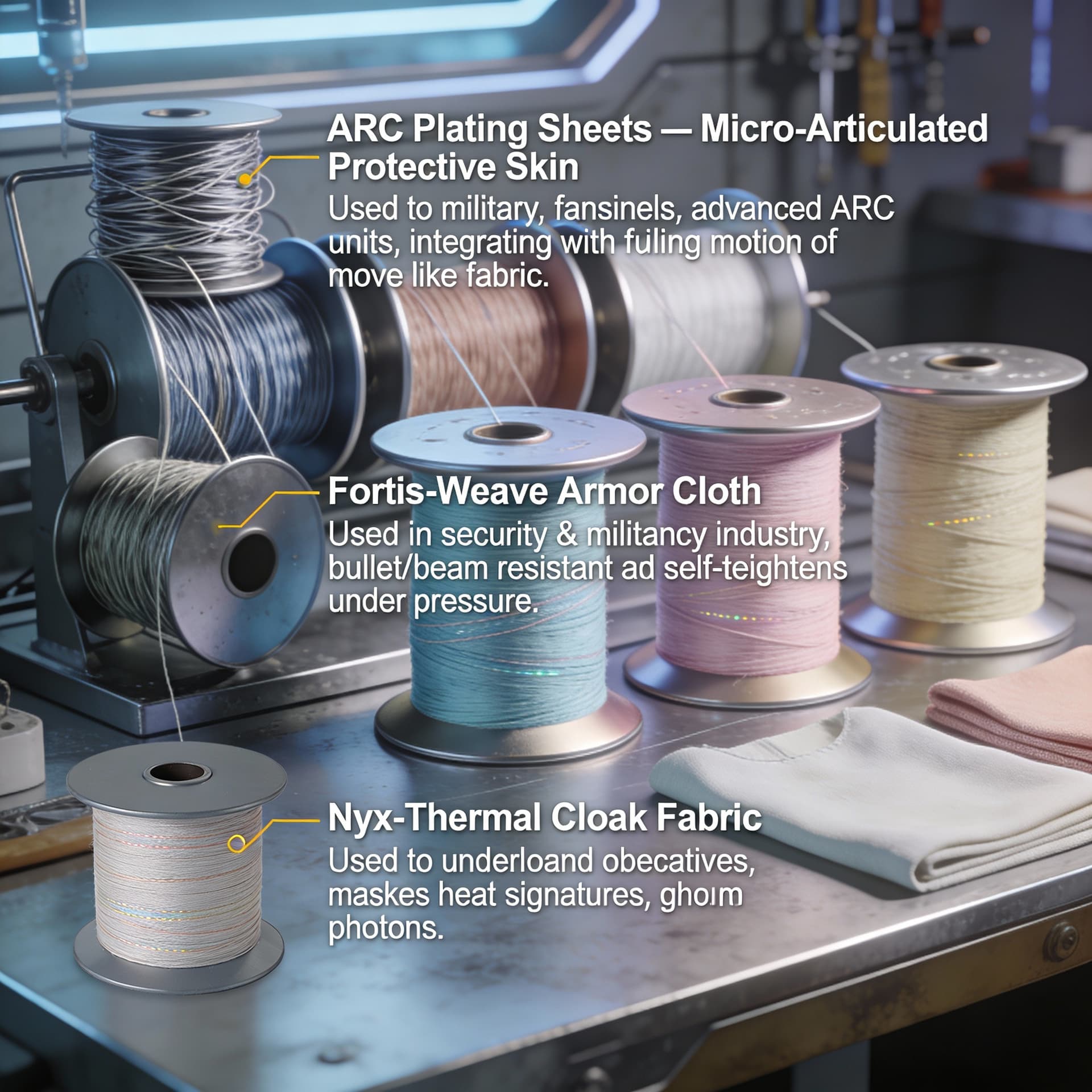 AI generated: Create spools of wire, thread, and linens for the creation of garments for futuristic clothing to a ...