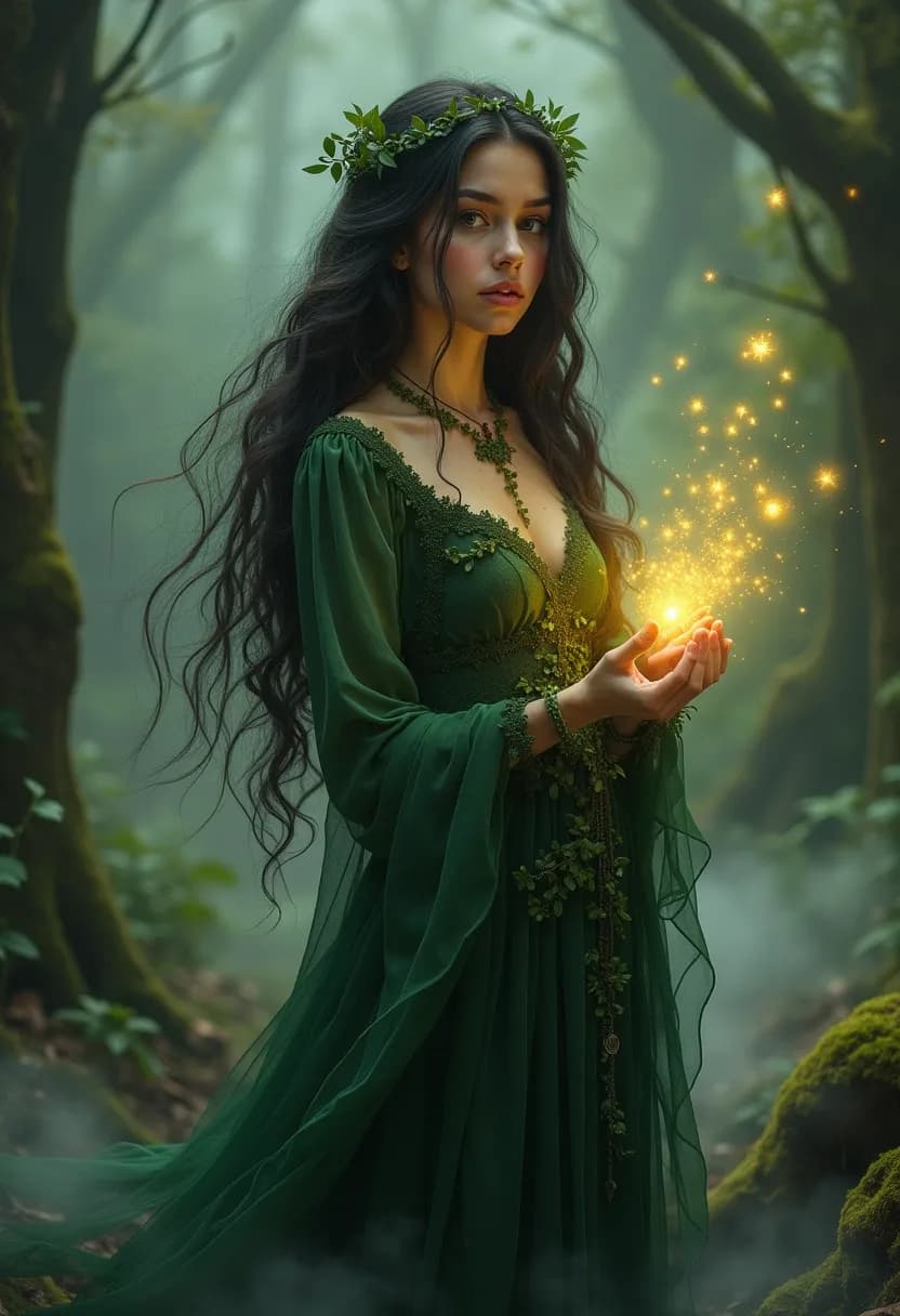 AI generated: Fantasy portrait of a young woman, long dark hair with ivy intertwined, wearing a flowing moss-green...