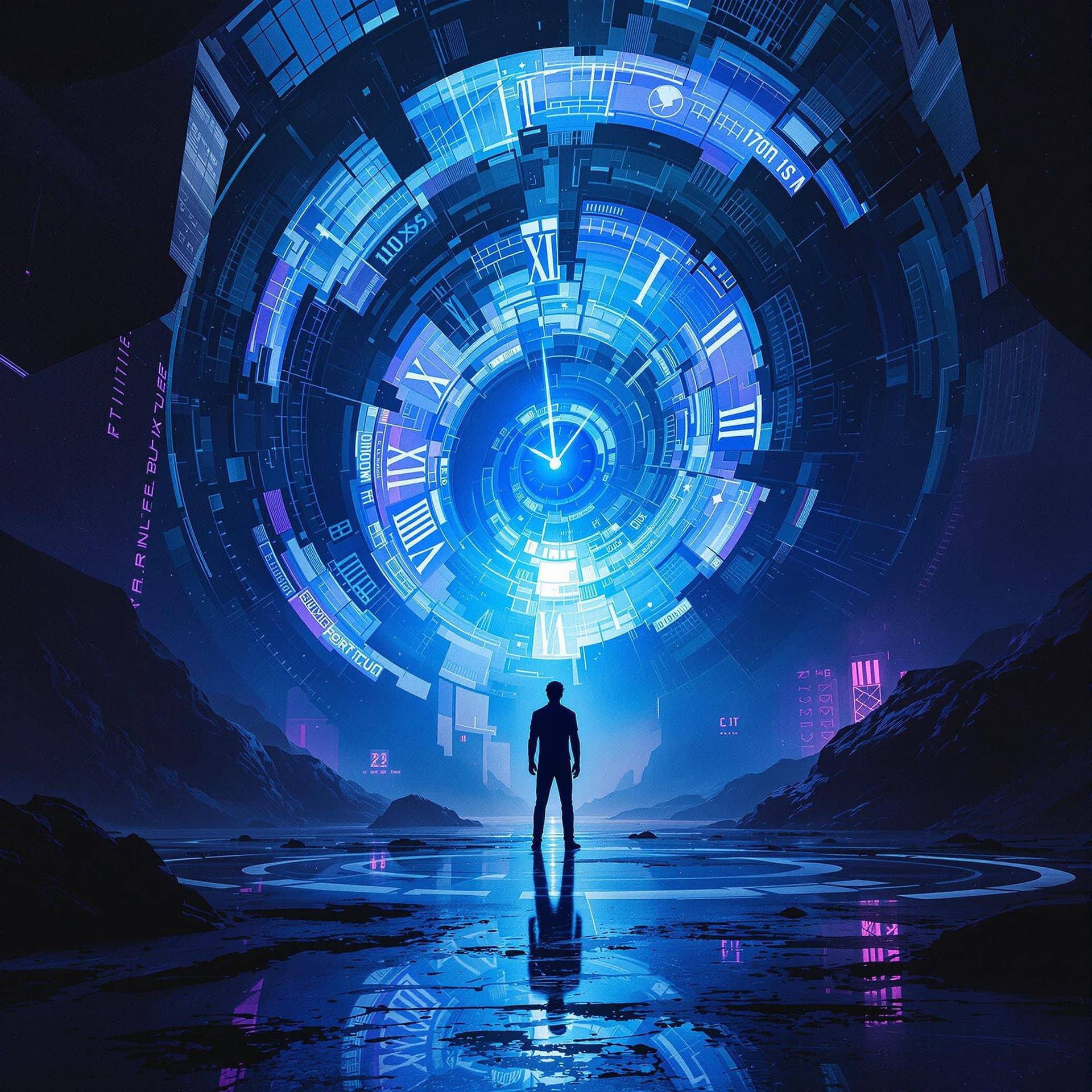 AI generated: Futuristic concept art depicting a dark sci-fi scene illustrating time manipulation. A figure stands...