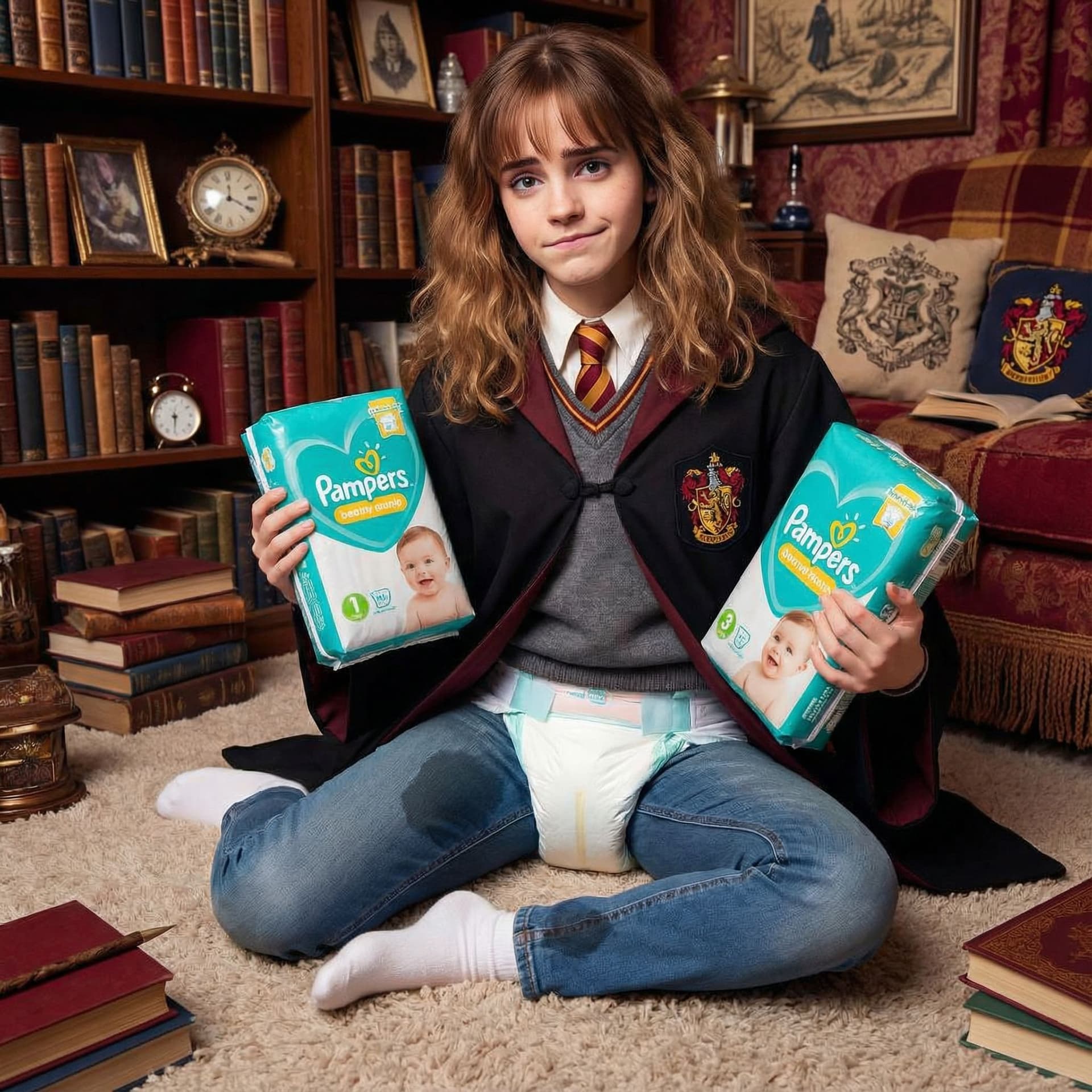 AI generated: Hermione granger, ABDL, Pampers, wet