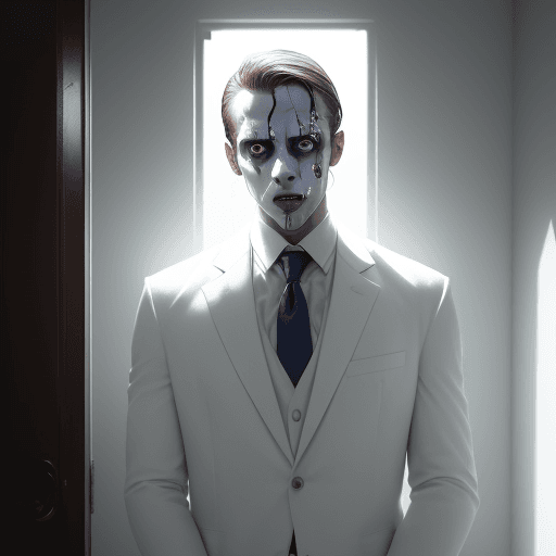AI generated: Neatly dressed man dressed in a white suit standing in a brightly lit room, His eyes wide with fear,...