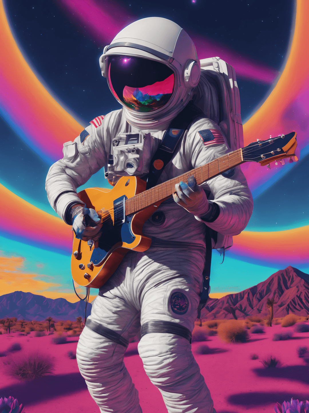 AI generated: Masterpiece,Best Quality An Astronaut playing guitar at Coachella, solo, psychedelic background, pho...