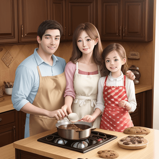 AI generated: family cooking a chocolat cookie in a family kitchen, with chocolat cover, smiling, plaing,  profess...