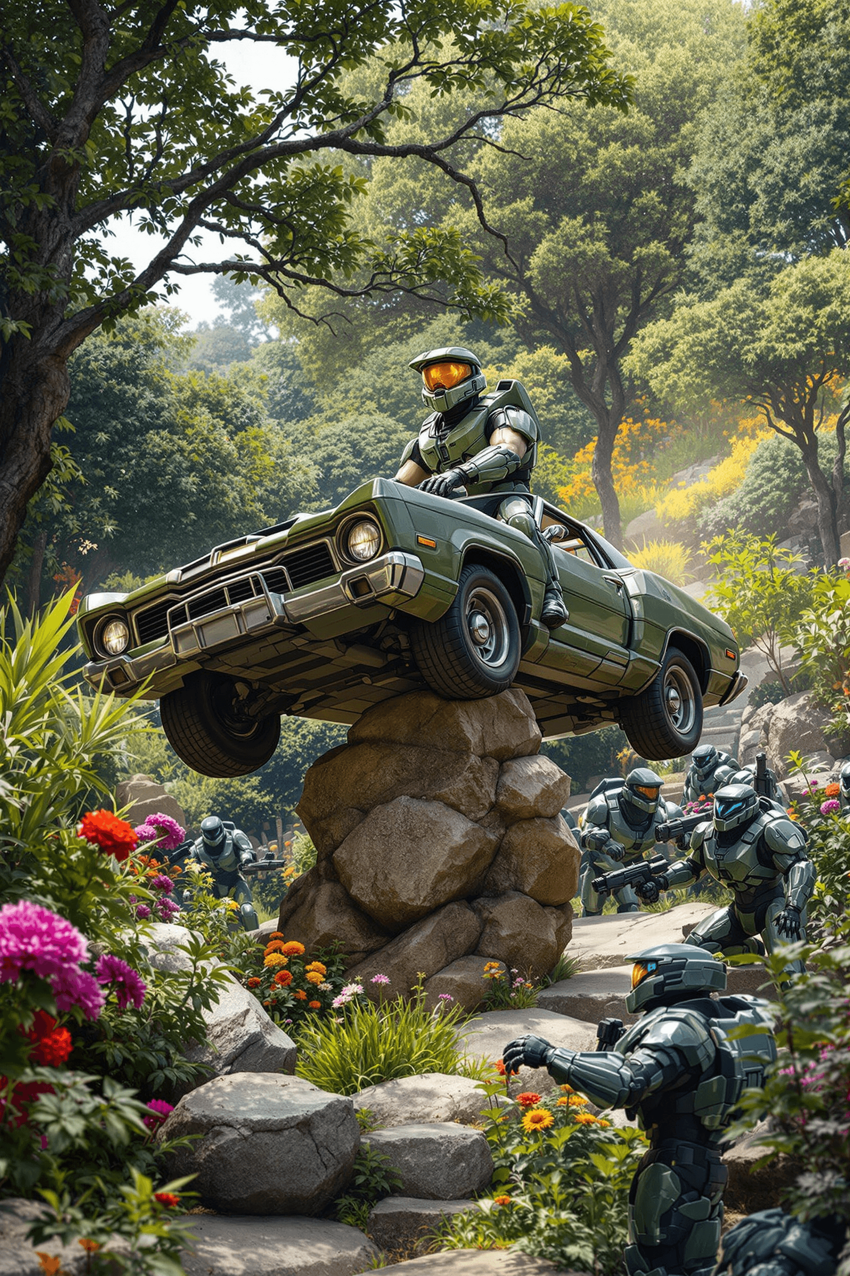 AI generated: Master Chief from Halo on Flinstone's car in a garden scaling from enemies