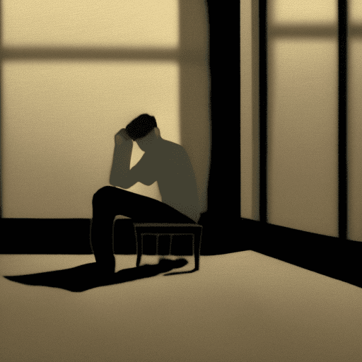 AI generated: A ((best quality)) portrait of a very lonely and sad young man. He is sitting alone in a dimly lit r...