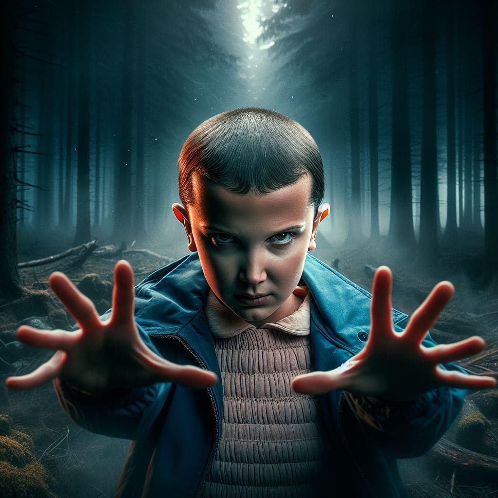 AI generated: eleven from stranger things series showing her mental powers, dark high forest background, ultra det...