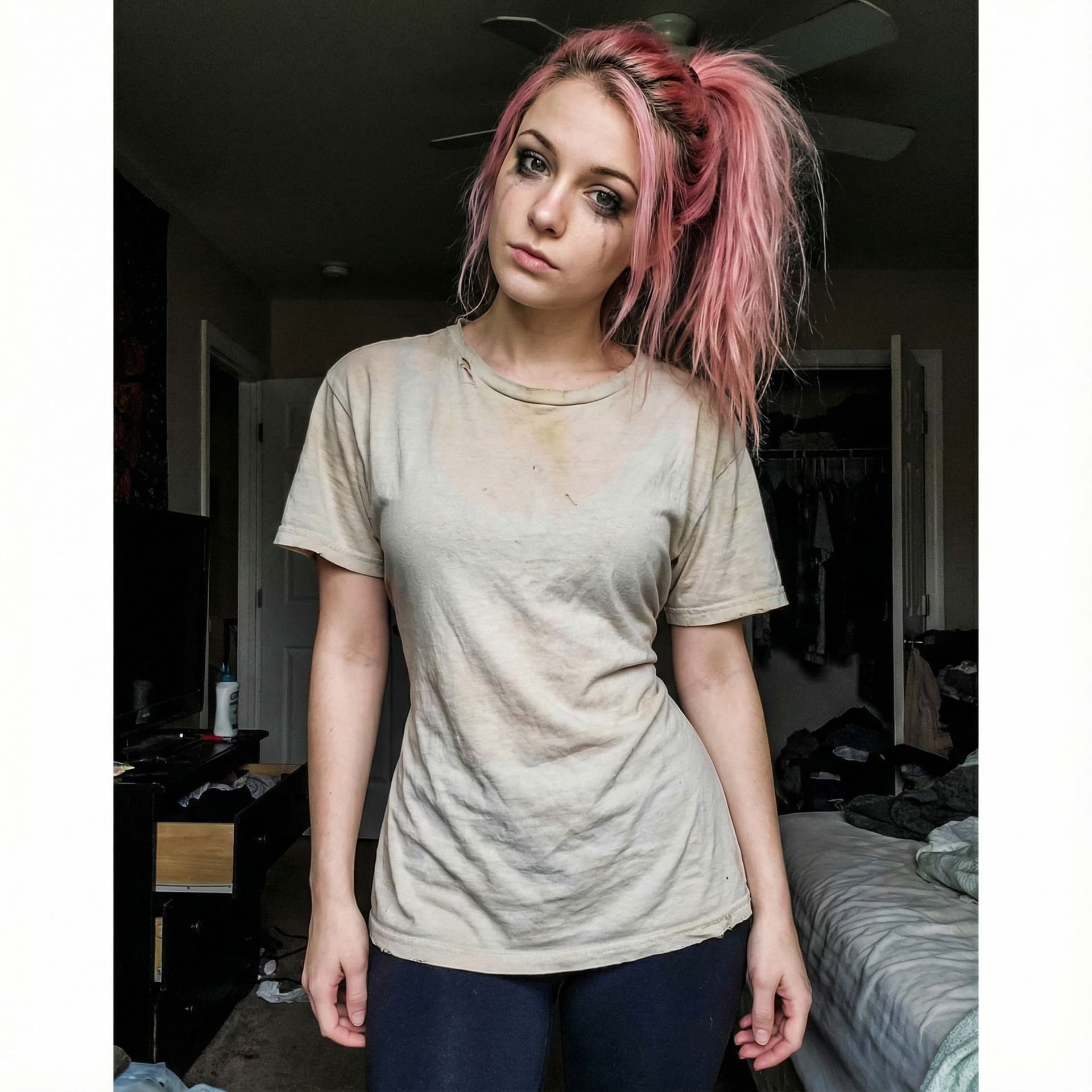 AI generated: perfect pussy, show pussy, creampie, completely nude, slim, hourglass figure, long hair, ruined make...