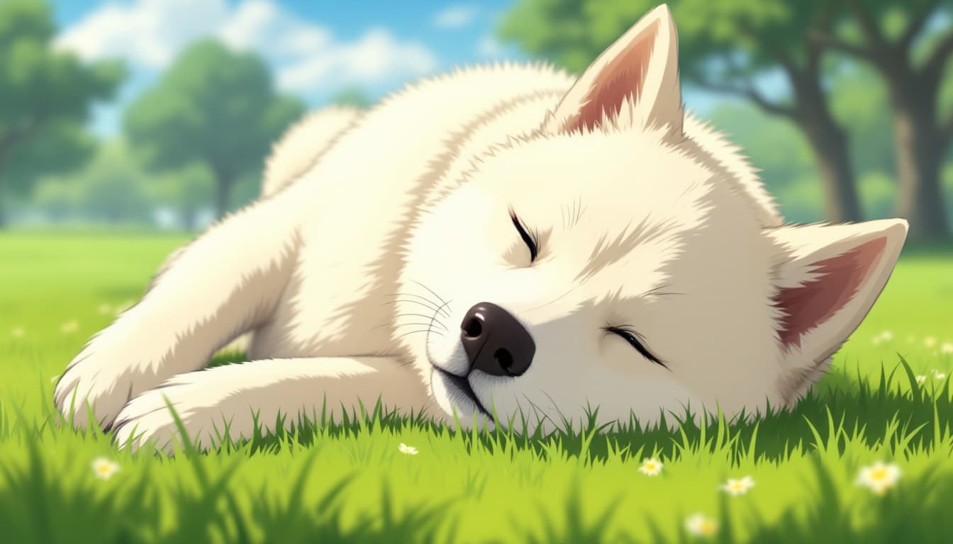 AI generated: jindo dog, who has white short fur, a little bit long nose, docile character, lie down on the grass ...