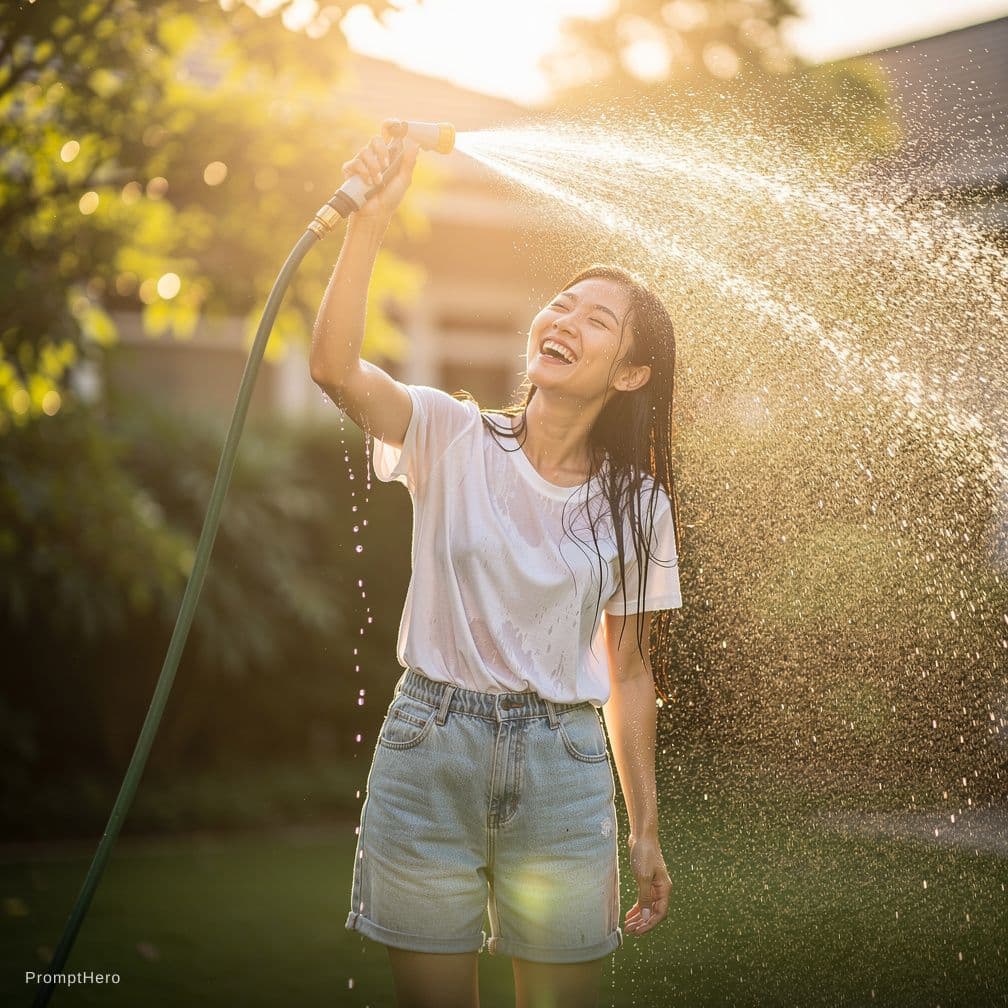 AI generated: A vertical ultra-realistic masterpiece photograph of a joyful East Asian woman with long wet black h...