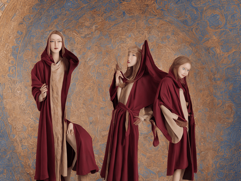 AI generated: 
High-resolution photography of with the focus one soprano singer a female monk in dark burgundy hig...