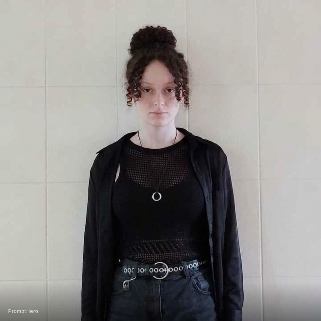 AI generated: make her hair  in a bun. take away the bag and the mobile phone

