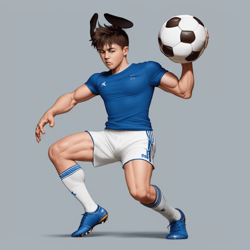 AI generated: creates a muscular rabbit with his hands on the waist on his left foot crushing a soccer ball with a...